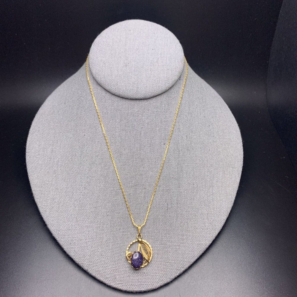 Blue Goldstone Pendant Necklace Gold Tone Filigree Leaf Round Dainty Vintage